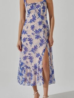 Floral Blue Midi Dress with Side Slit